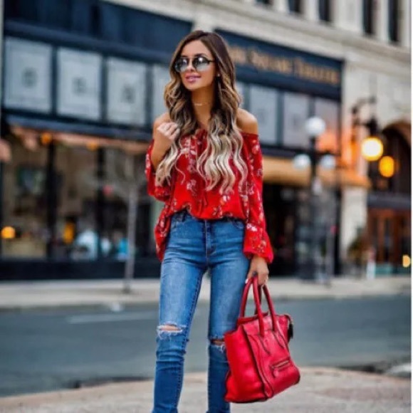 Tops - Off of shoulder red  boho style blouse
